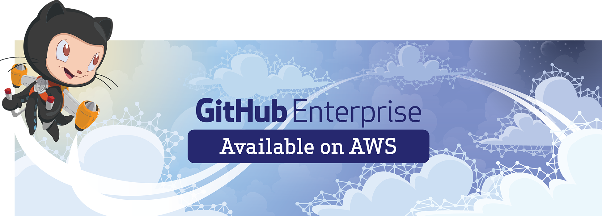 Image of the “after” view of the billboard, featuring the Octocat wearing a jetpack, blasting off the billboard. The text reads, “GitHub Enterprise: Available on AWS”