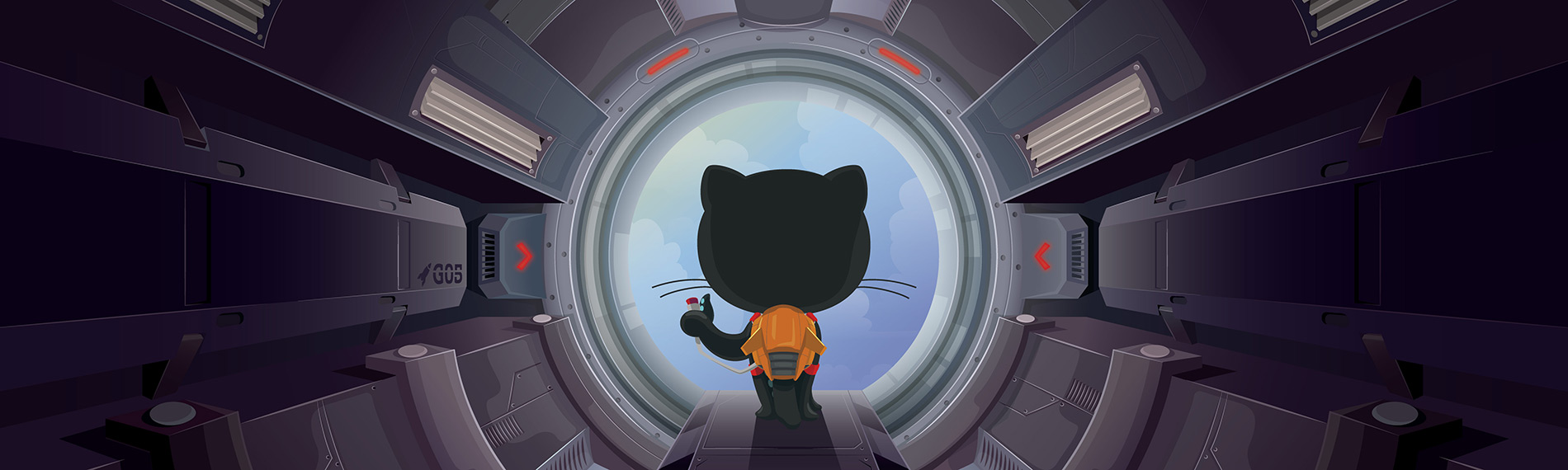 Image of the before view of the billboard, featuring the Octocat wearing a jetpack, preparing to blast out of a tunnel. There is no text, but the silhouette of the Octocat in the circle opening looks like the GitHub logo.