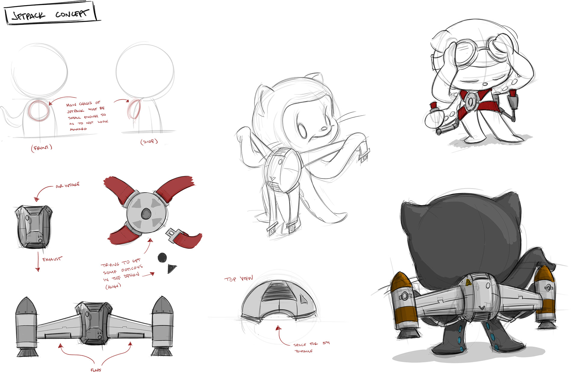 Early concept sketches developing the Octocat’s jetpack