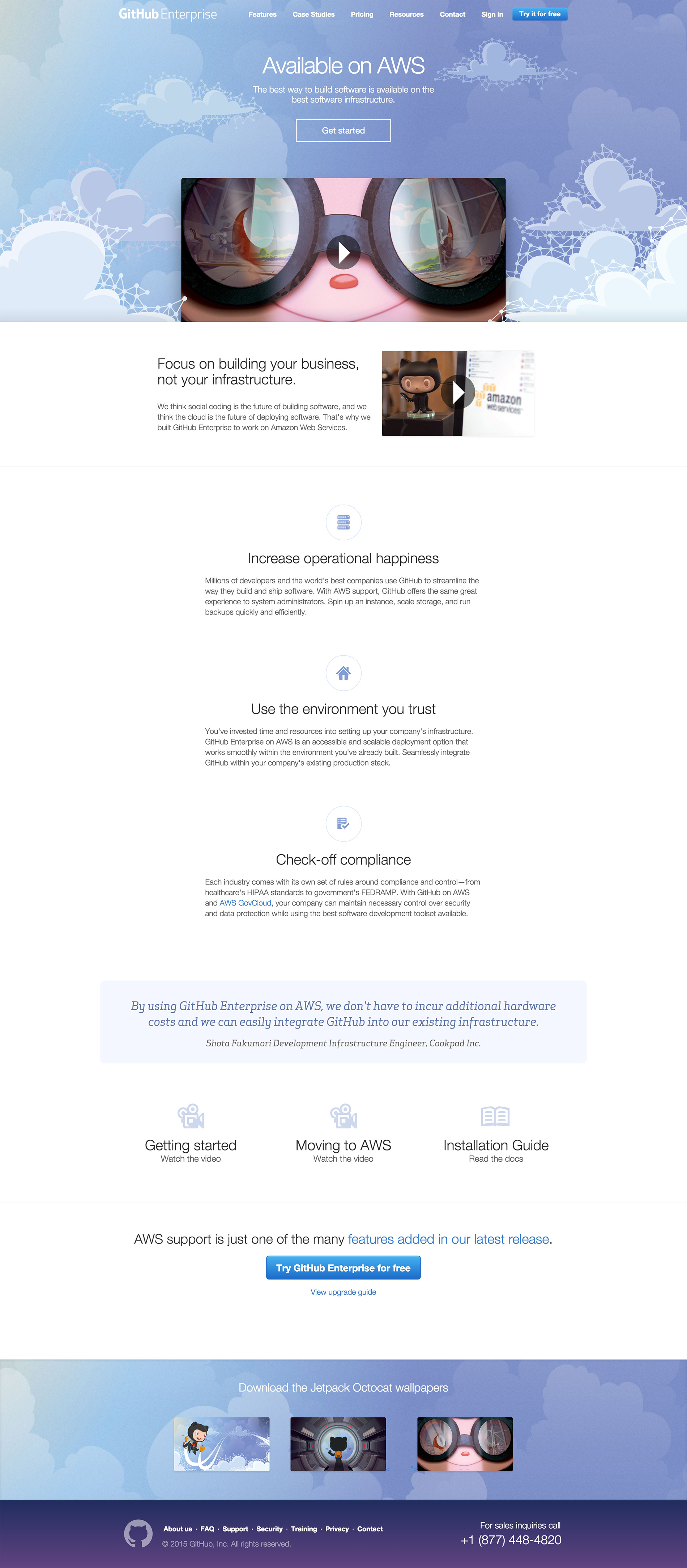 Full page screenshot of the GitHub on AWS landing page