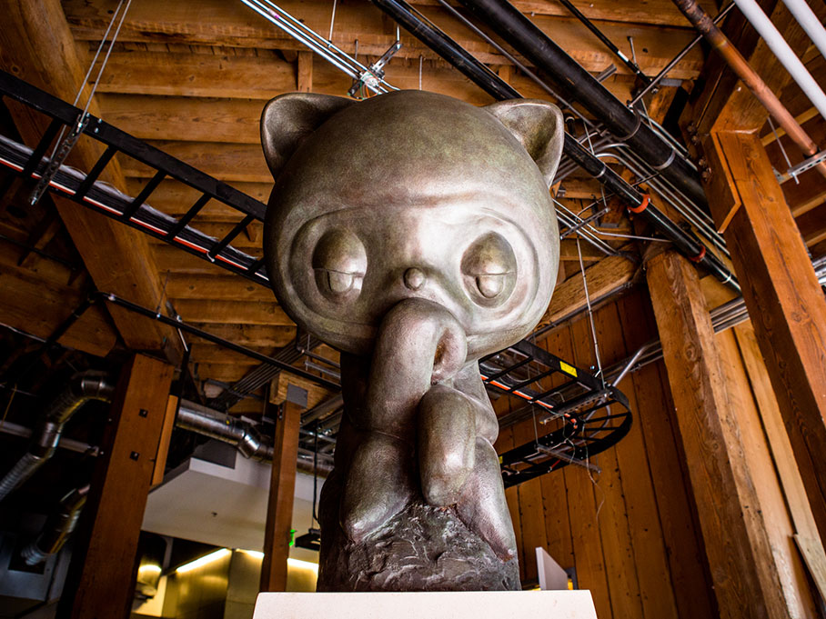 A photo of the Thinktocat statue in GitHub’s office